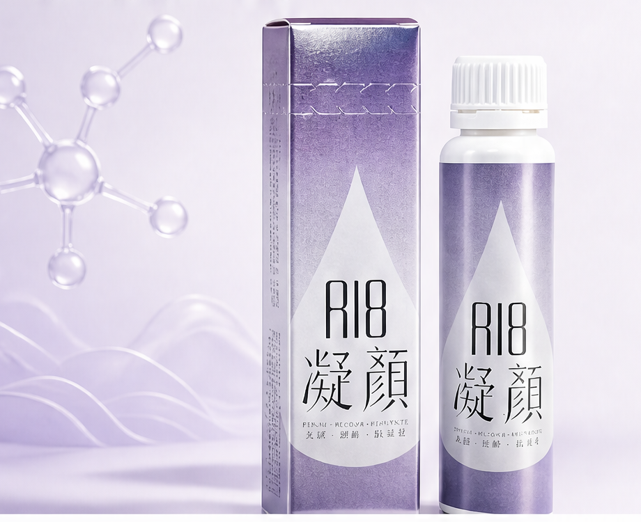 R18凝顏 白色即飲瓶與銀紫漸變包裝盒
